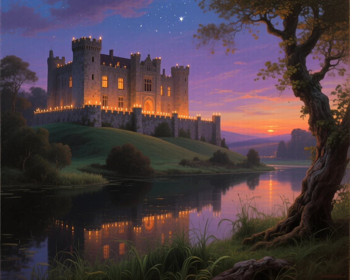 A castle gleams with candlelight, reflected in the moat surrounding it.