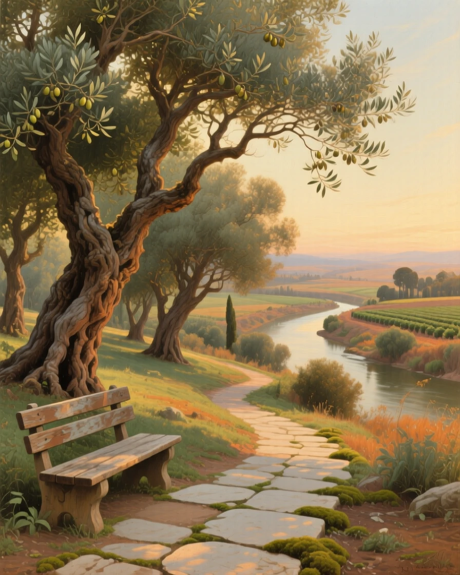 A grove of ancient olive trees bathed in warm Mediterranean light captured in the fleeting stillness of a perfect moment, set at the edge where cultivated land meets wild nature, with a weathered bench or stone path inviting quiet contemplation; a winding path or river leads the eye deep into the distance, capturing a fleeting, golden moment worth preserving forever.