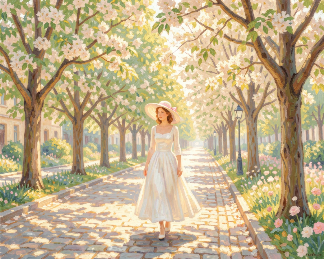 A woman in a wide-brimmed hat walking along a sunlit boulevard lined with blooming chestnut trees.