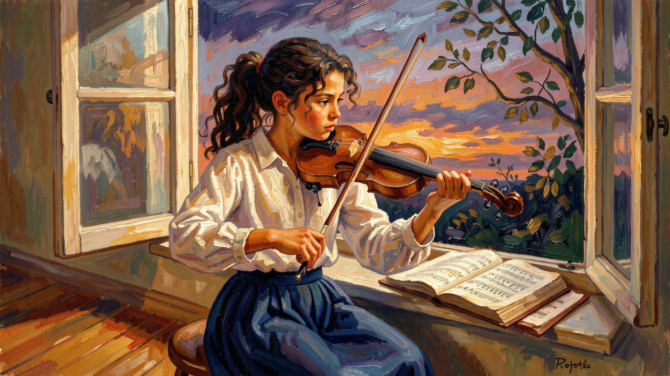 A young violin student practicing determinedly in front of an open window at dusk.