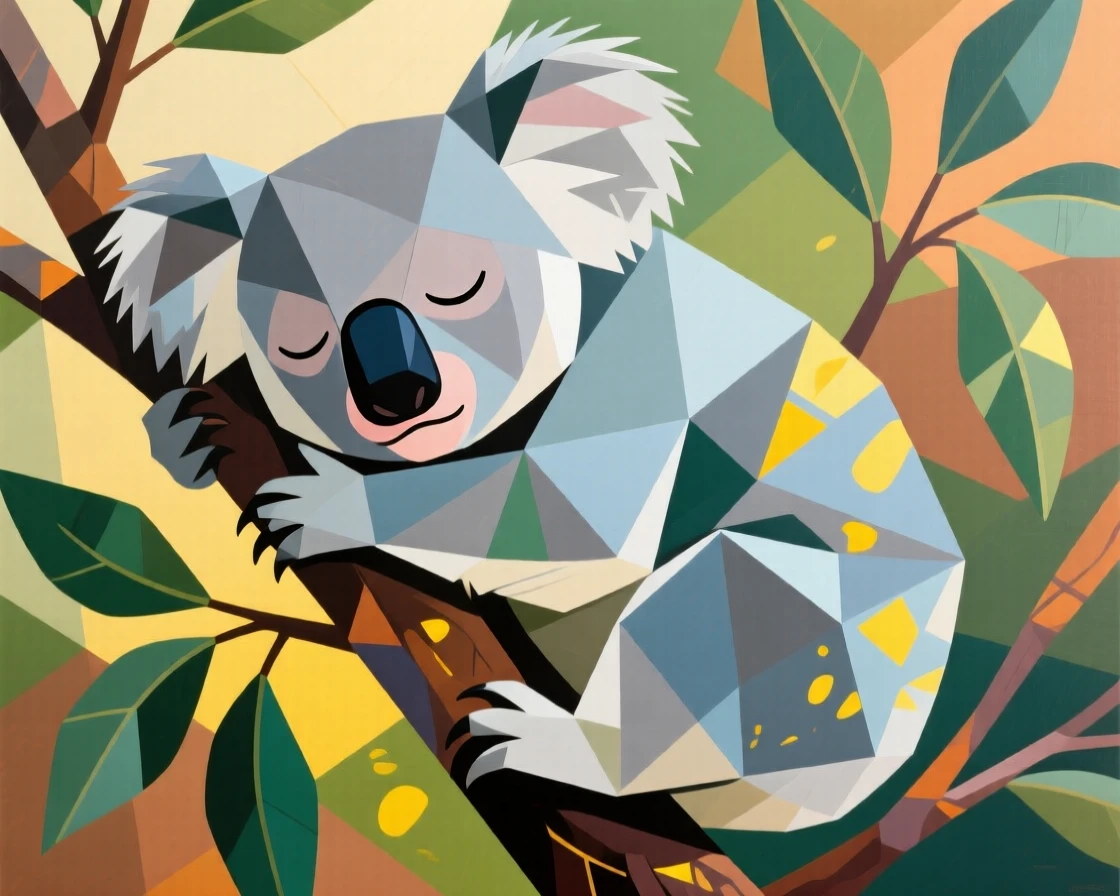 A koala clinging sleepily to a eucalyptus branch in dappled sunlight.