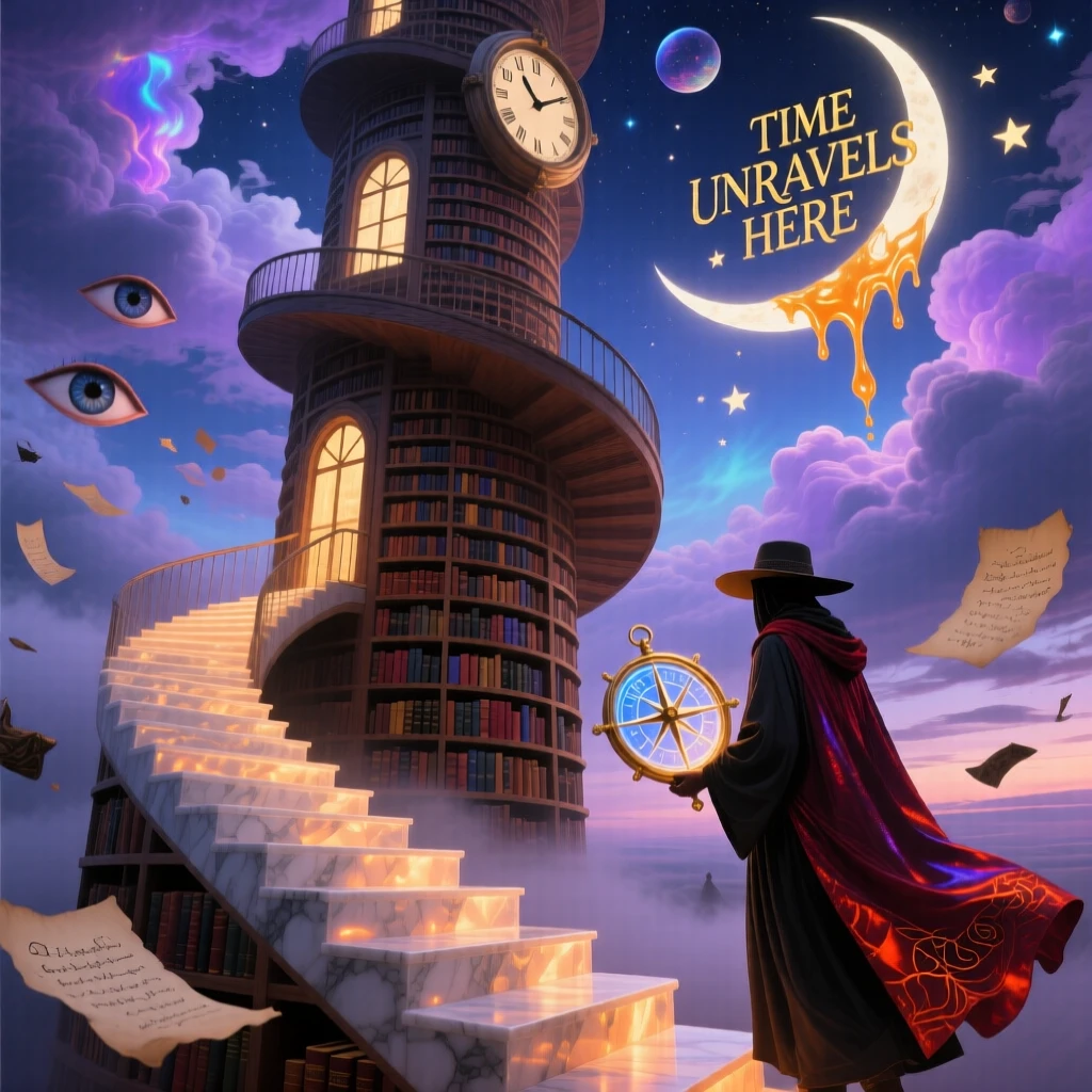 A library tower that spirals into the clouds sits quietly at the edge of an endless staircase, as a lone traveler climbs toward its summit.