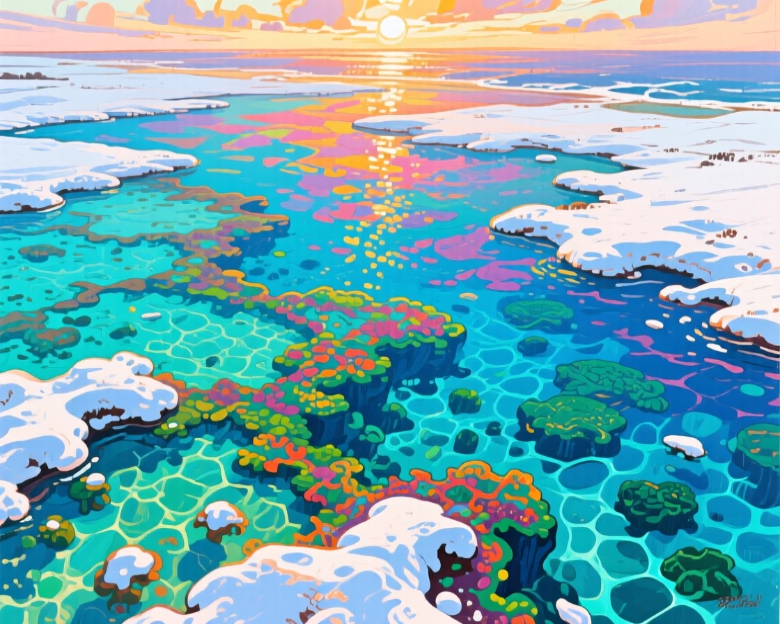 The Great Barrier Reef's colors visible through crystal water from above, at first light, snow dusting every surface