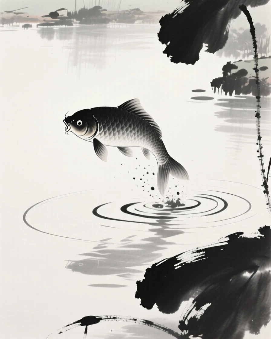 A single carp leaps above the surface of a garden pond, as small ripples catch the afternoon light.