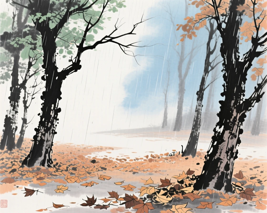 A quiet forest clearing carpeted with fallen leaves, through a curtain of fine rain.