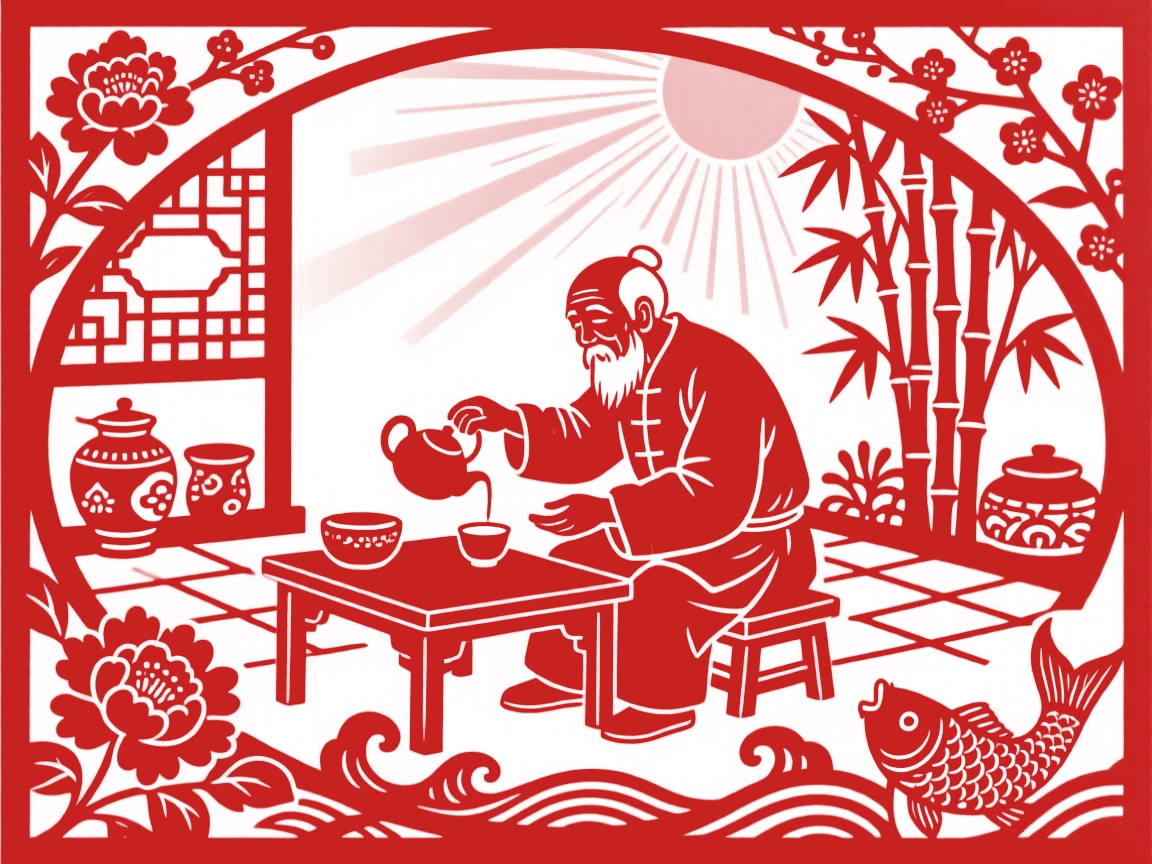 An old fisherman, preparing tea in a sunlit courtyard, in radiating warmth and everyday tenderness.