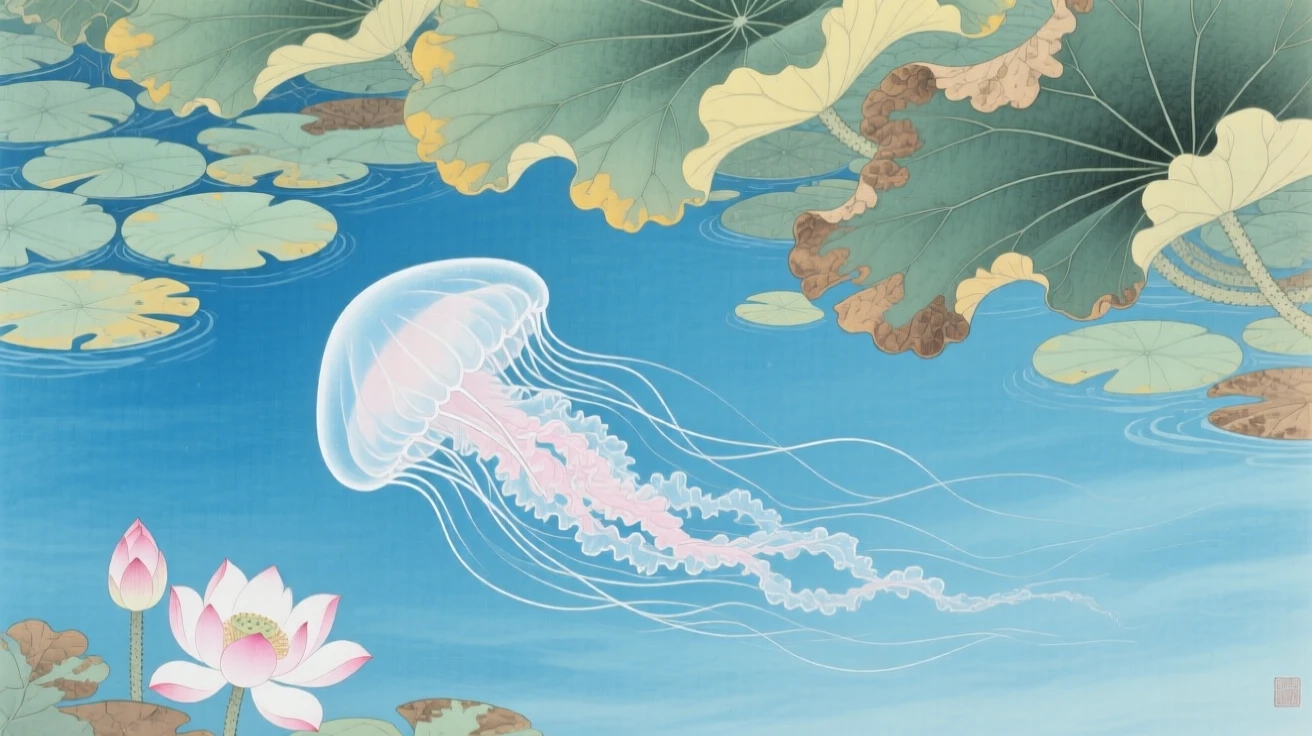 A jellyfish drifting in clear blue water beneath a canopy of floating lotus leaves