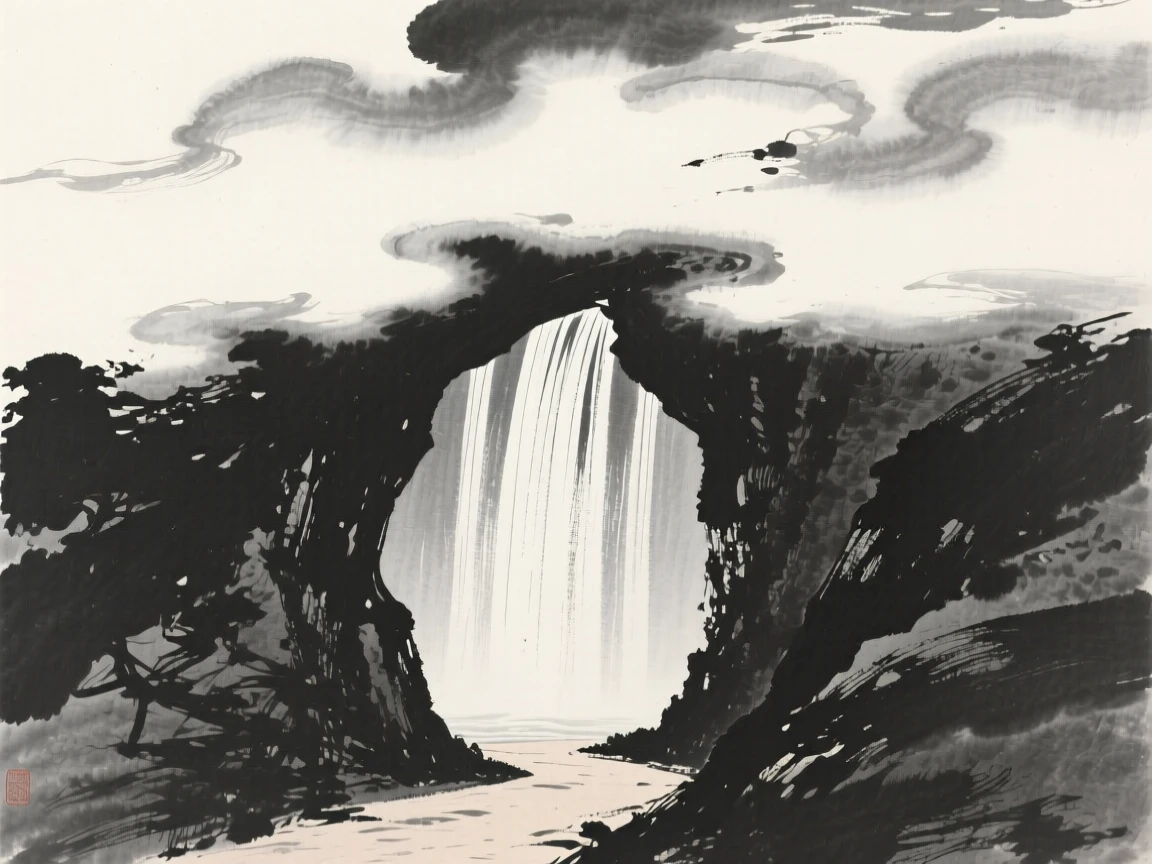 A hidden grotto behind a curtain of falling water beneath a canopy of drifting cloud banks, captured from a narrow path winding into the depth of the scene, suggesting the quiet vastness of the natural world.