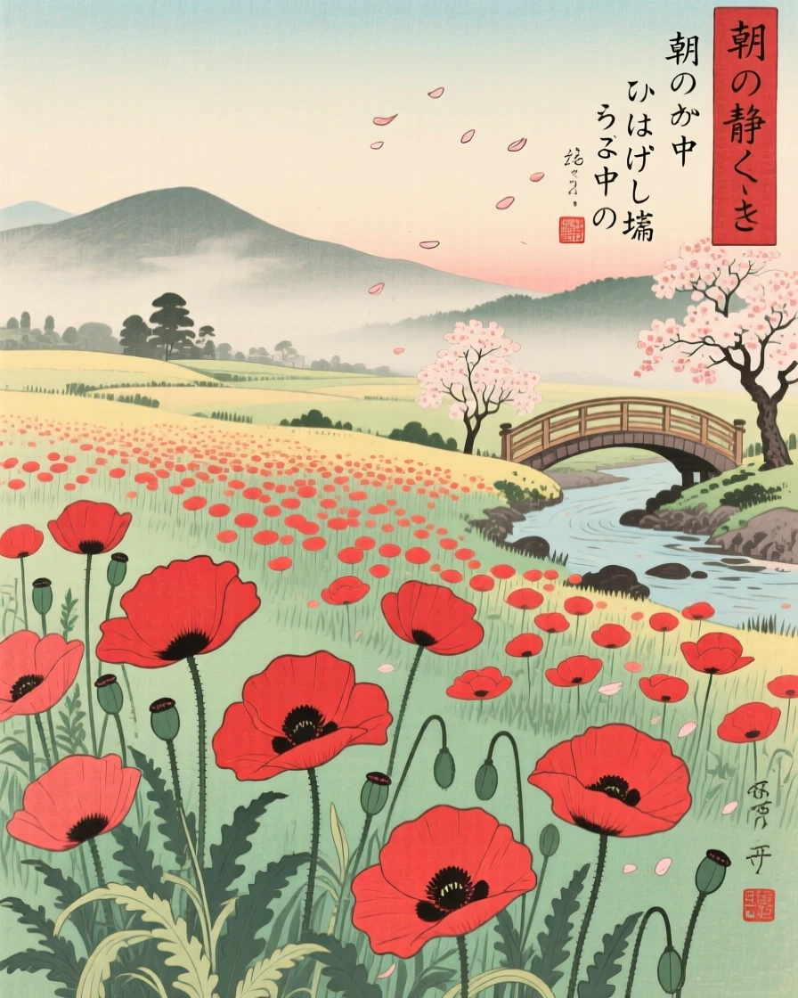 A field of blooming poppies rippling in the breeze in the stillness of early morning.
