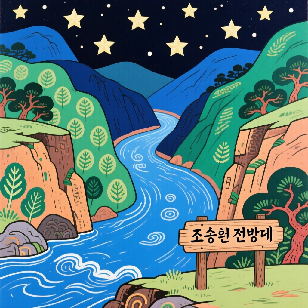 A winding river through a deep valley seen from a quiet overlook, under a canopy of stars.