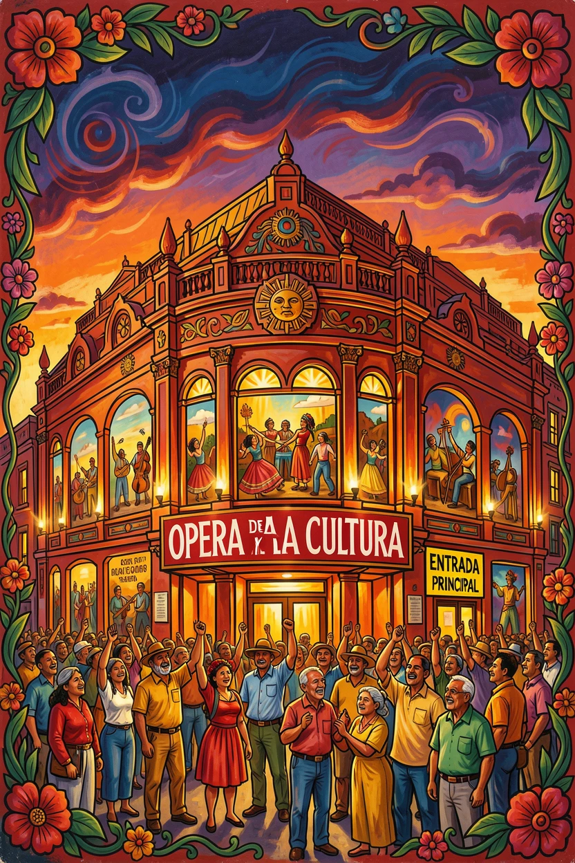 A grand opera house glowing with lights at dusk
