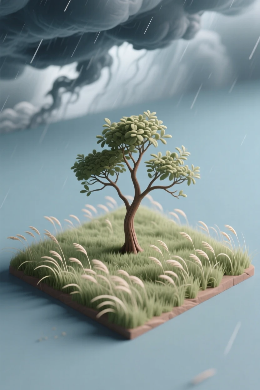 A prairie landscape under a dramatic storm sky, tall grass rippling in the wind, and a lone tree bending against the gathering clouds.