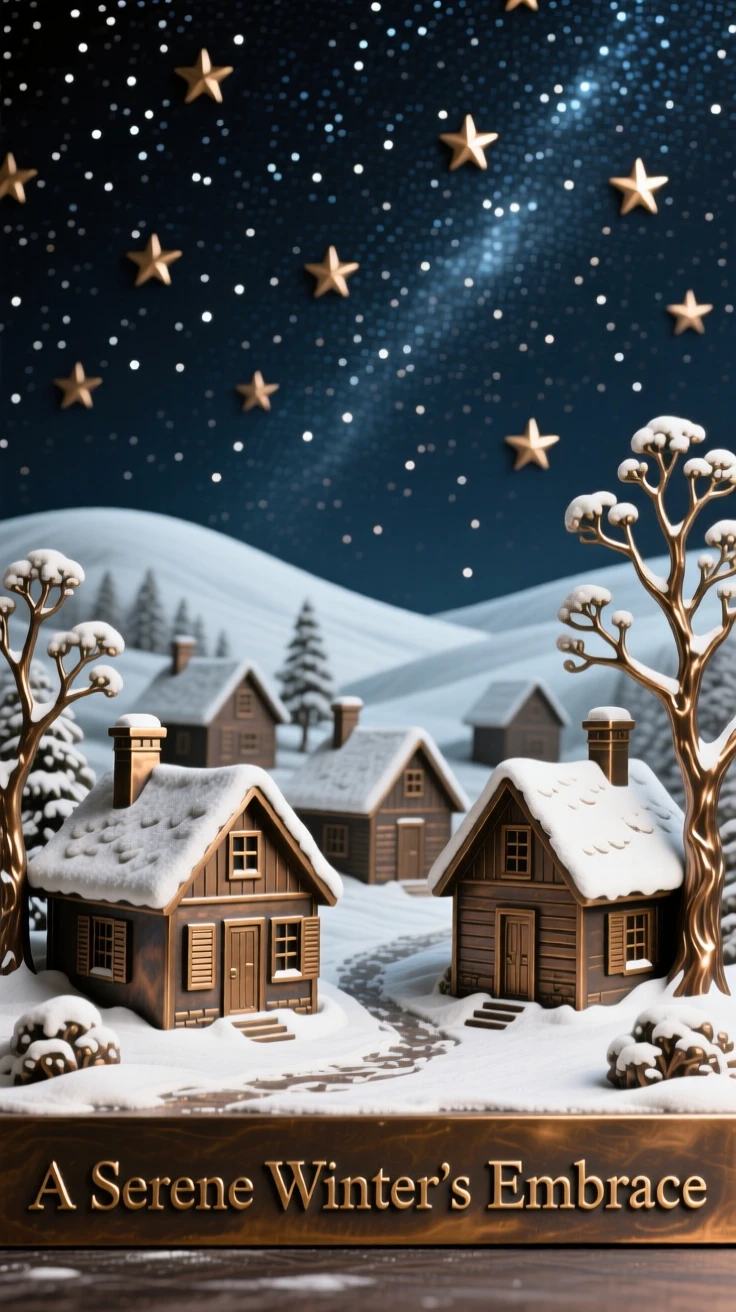 A peaceful snow-dusted village beneath a starlit sky, with a serene, contemplative atmosphere, offering a breathtaking sense of place