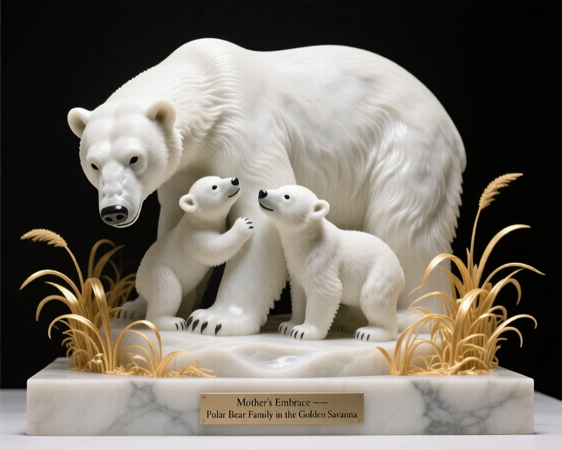 A striking close-up of a polar bear and her cubs, full of life and grace, in golden savanna grass