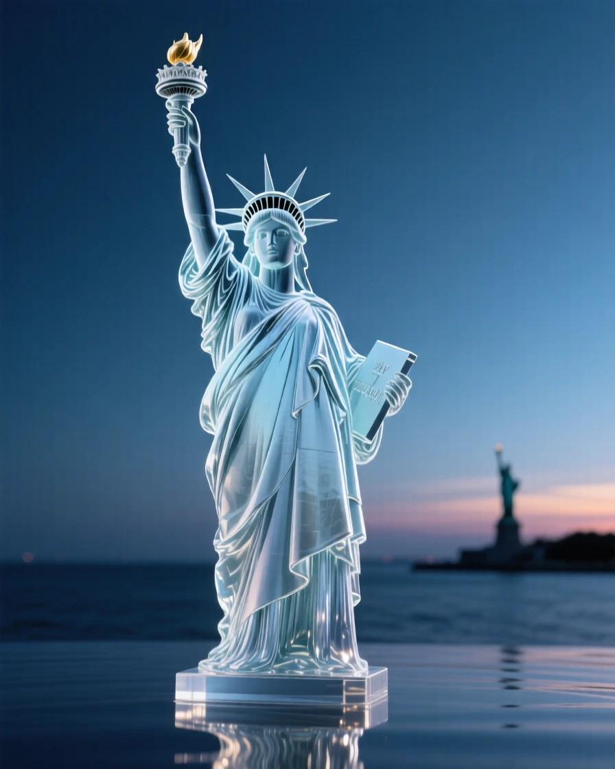 The Statue of Liberty at sunset at blue hour with soft ambient lighting beginning to glow, reflections shimmering nearby, evoking timeless elegance.