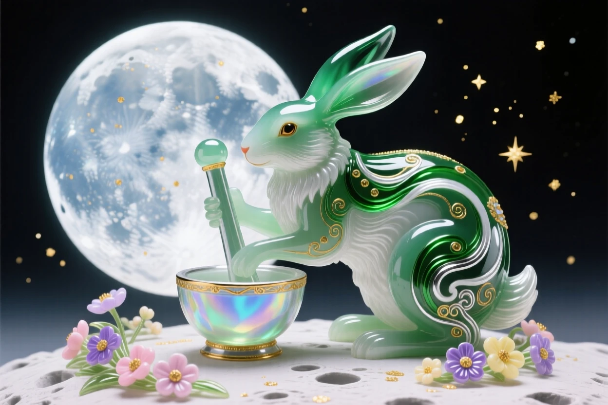 A celestial jade rabbit pounding the elixir of immortality on the moon, folkloric and whimsical.