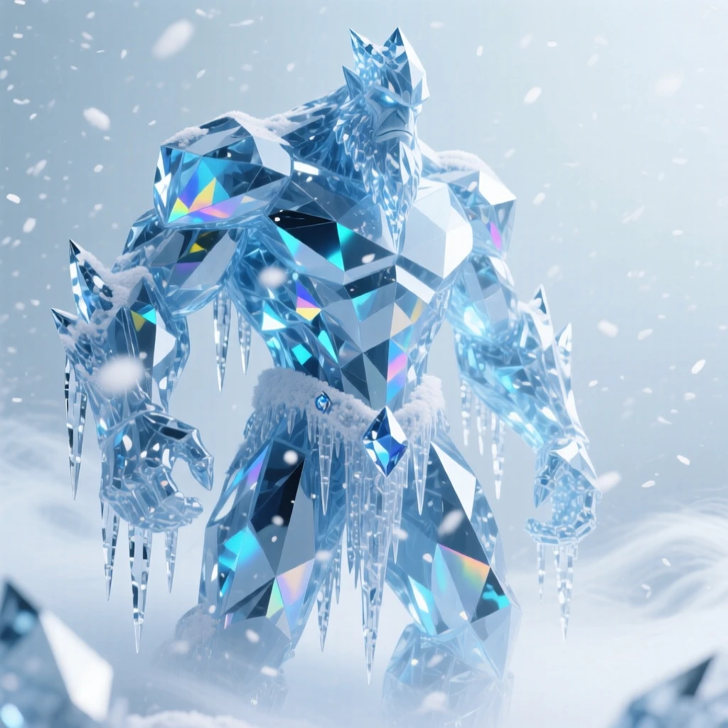 A frost giant standing amid a blizzard, icicles hanging from its massive frame.