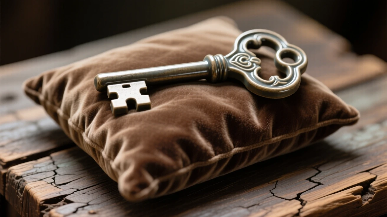 An old key resting on a velvet cushion resting delicately atop a weathered surface, its surface polished to a gentle sheen, conveying a cozy, storybook atmosphere.