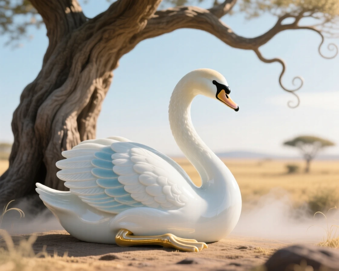 A majestic swan resting beneath a great old tree in a sun-drenched savanna, mist curling around its legs.