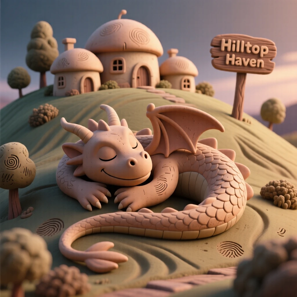 A dragon curled protectively around a sleeping village on a hilltop