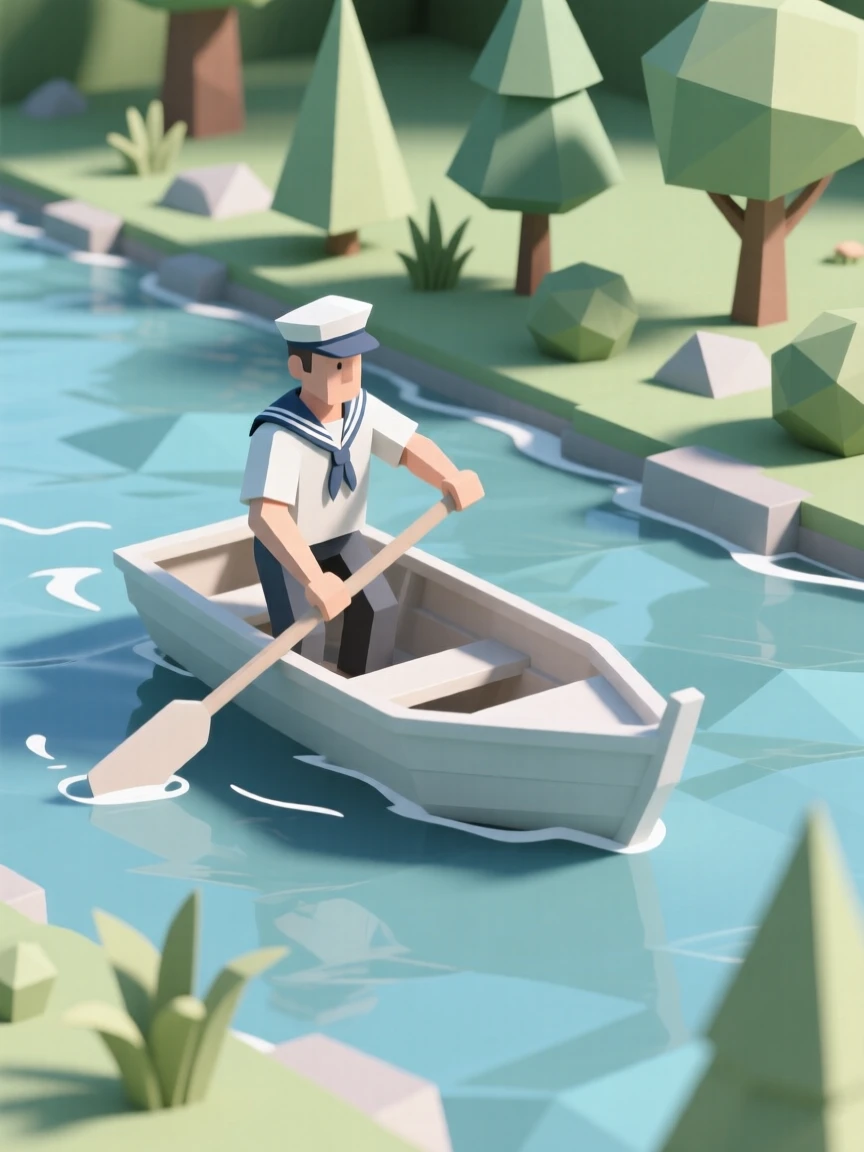 A sailor navigating a boat through open water, amid a quiet, colorful garden. dynamic motion is captured with a clear sense of energy. The mood feels adventurous and free.