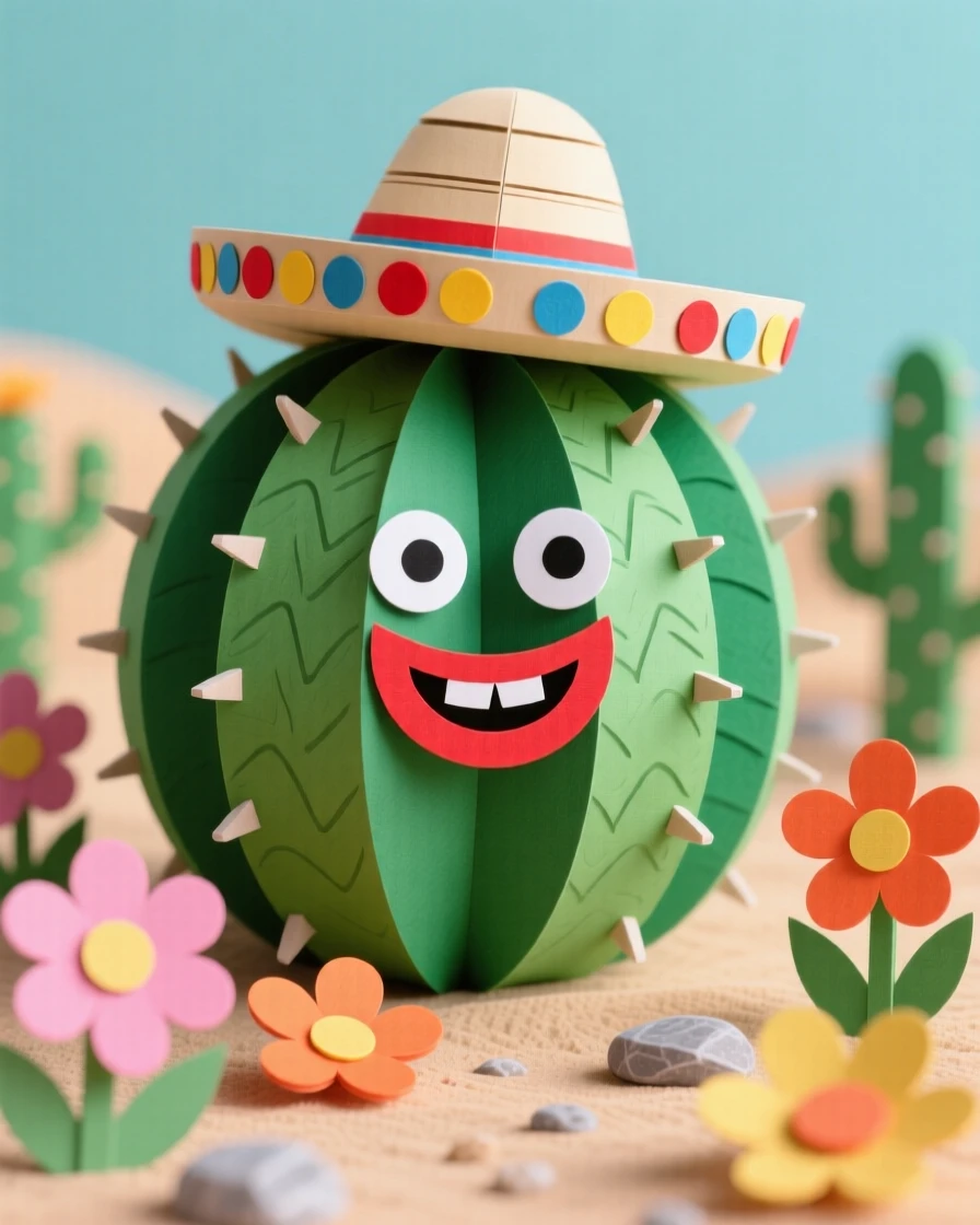 A round little cactus character with a happy face wearing a tiny sombrero, standing among blooming desert flowers, evoking cheerful simplicity.