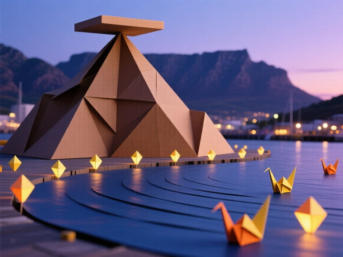 Table Mountain rising above Cape Town's harbor lights at twilight.
