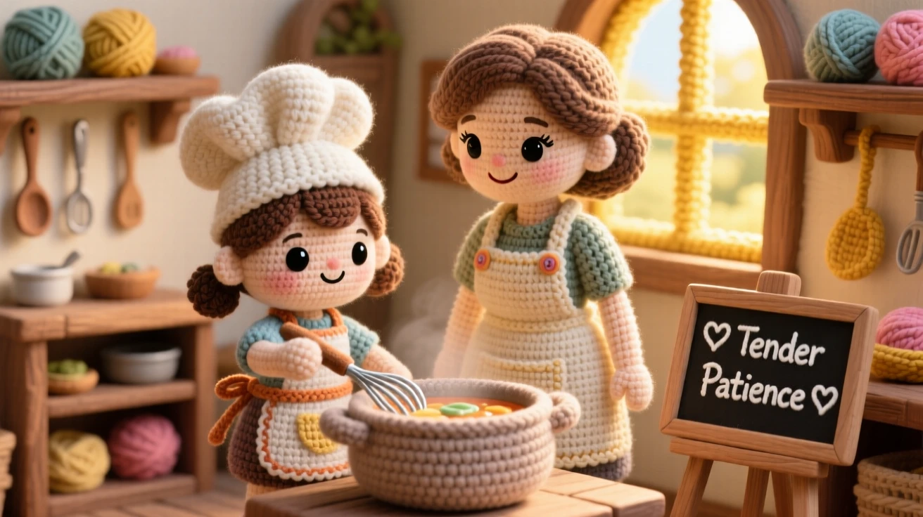 A charming scene of a little girl chef learning to cook with a small whisk in hand, stirring a pot of soup at her mother's side inside a sunlit workshop lined with wooden shelves; a small chalkboard sign with a hand-drawn heart adds to the moment, full of tender patience and unhurried craftsmanship.