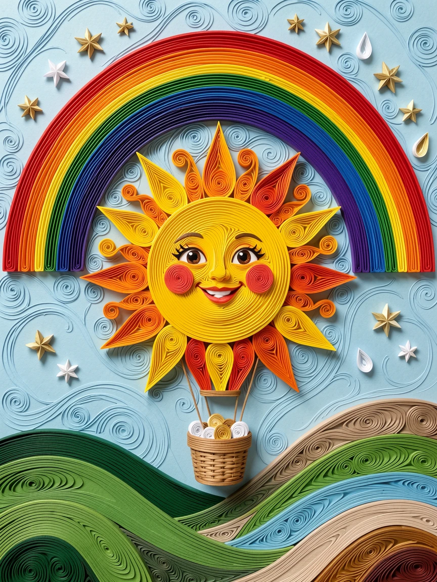 A whimsical children's scene of a hot air balloon shaped like a smiling sun under a rainbow arching over rolling hills, with a sprinkle of twinkling stars overhead, composed with a friendly, inviting central focal point.