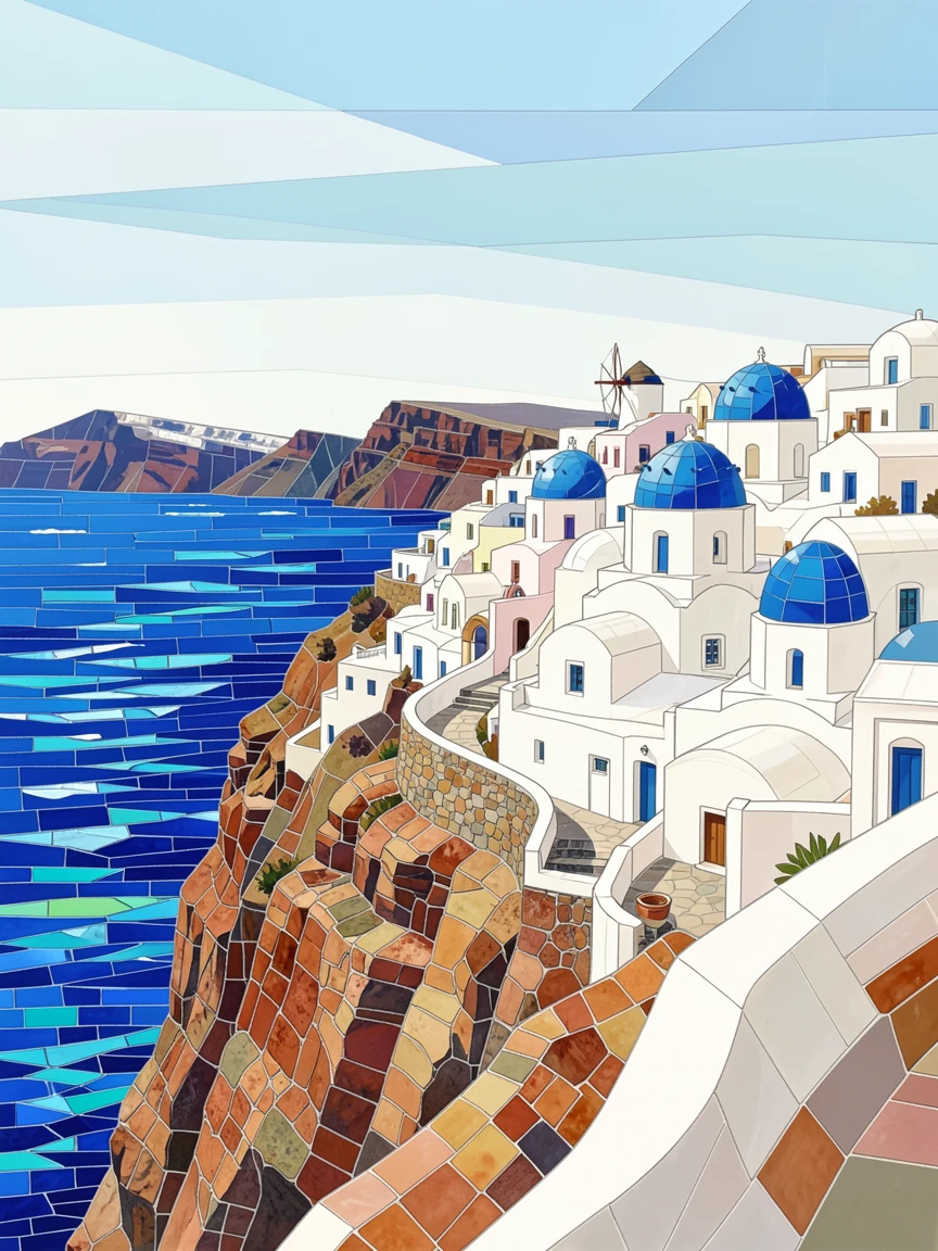 The whitewashed clifftop villages of santorini overlooking the sea, viewed from a dramatic elevated vantage point.