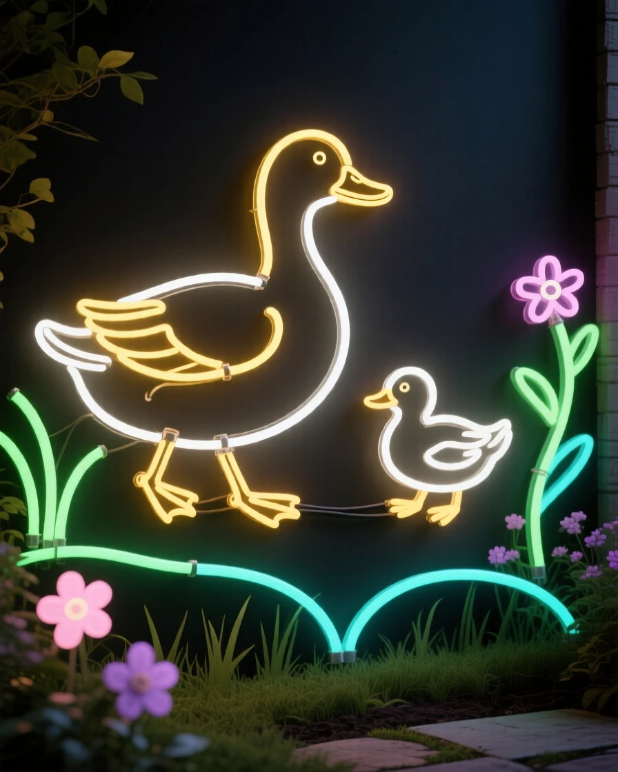 a duckling following its mother in a quiet backyard garden.