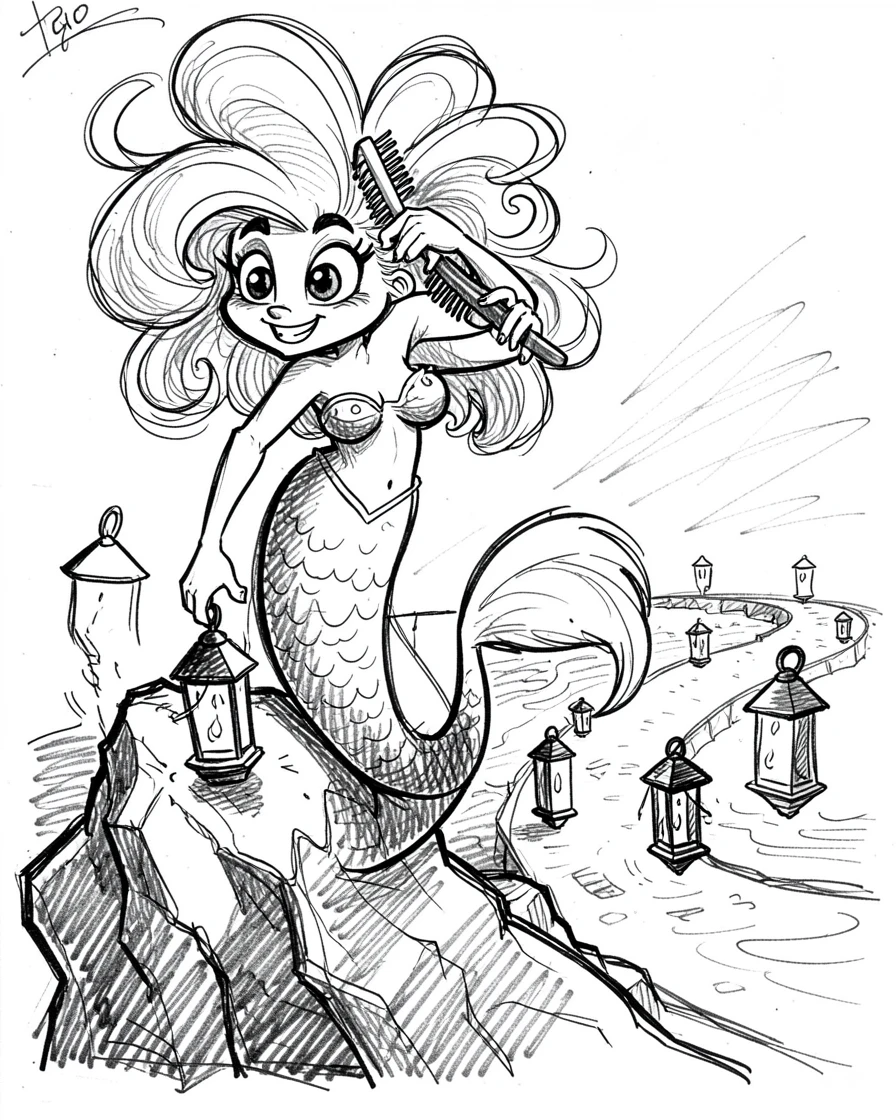A mermaid combing her hair on a rock beside a lantern-lit path.