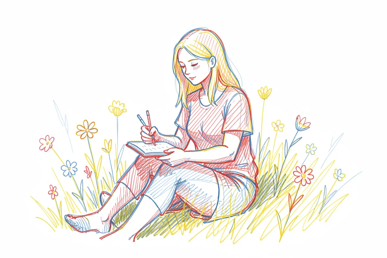 A woman sketching wildflowers in a notebook while sitting in a meadow