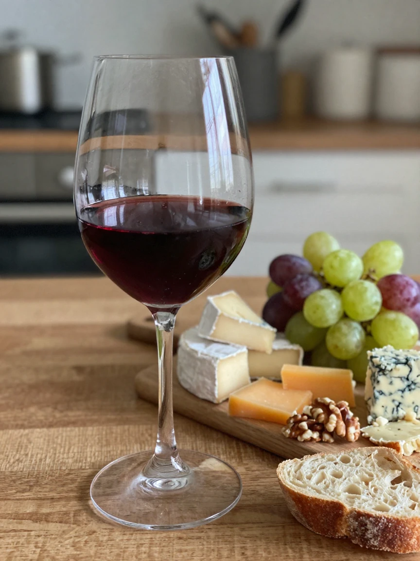 A glass of red wine beside a cheese platter