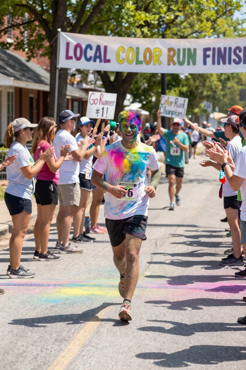 A crowd cheers as the first runner crosses the line at a local color run.