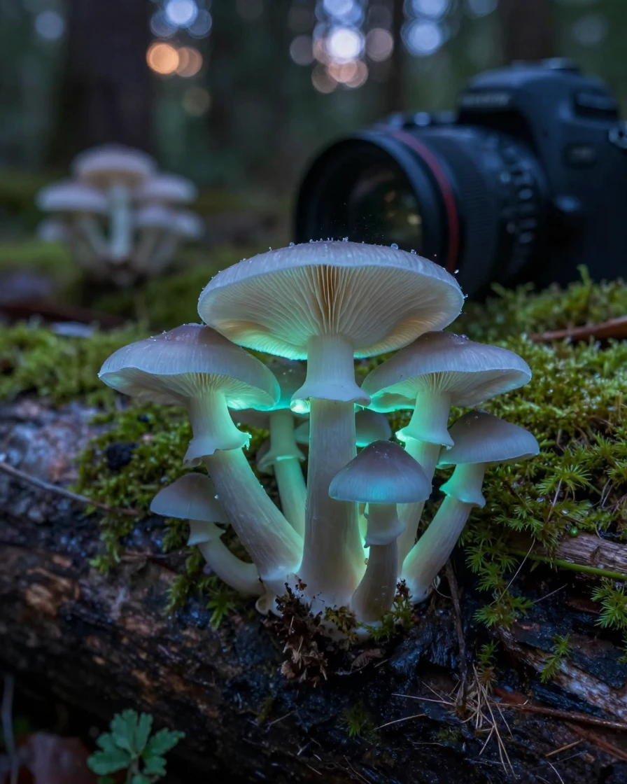 A cluster of bioluminescent mushrooms glowing softly on a moss-covered log