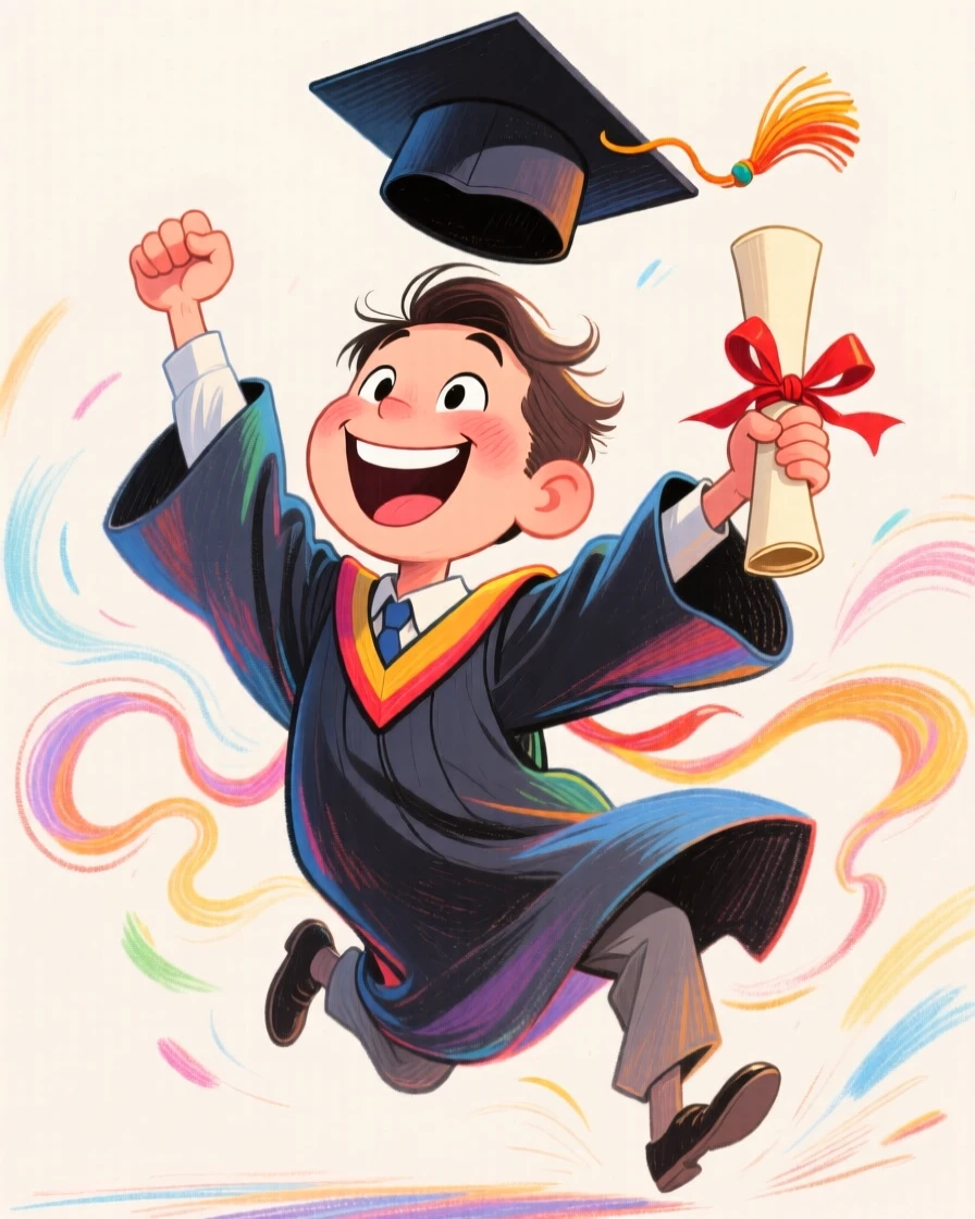 A graduate throwing their cap high into the air, gown flying, diploma clutched tightly.