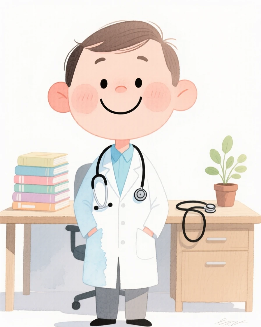 A doctor smiling proudly in front of their workspace