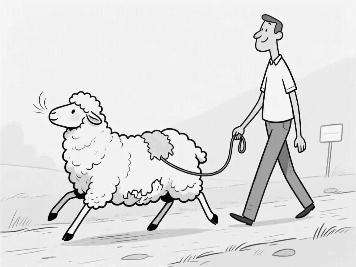 A fluffy sheep freshly and unevenly sheared, unrolling slowly to sniff the air, set next to its towering owner on a walking trail. A tiny leash trails uselessly behind. It's an irresistibly charming slice of animal personality.