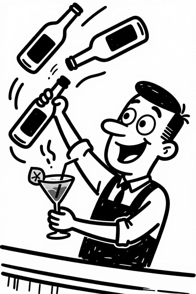 A bartender flipping bottles mid-air while mixing a colorful cocktail.