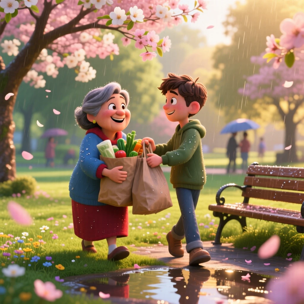 Strangers helping each other carry groceries in the rain unfolds in a sunlit park filled with blooming trees, with flower petals scattered on the breeze. The atmosphere glows with gratitude and delight.