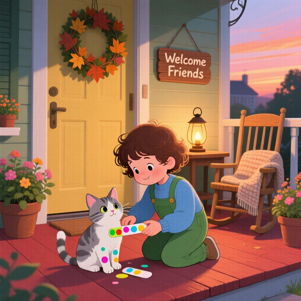 A child and a stray kitten are seen bandaging a small scrape with a colorful bandage in a cozy front porch, while a warm glow of evening light surrounds them.