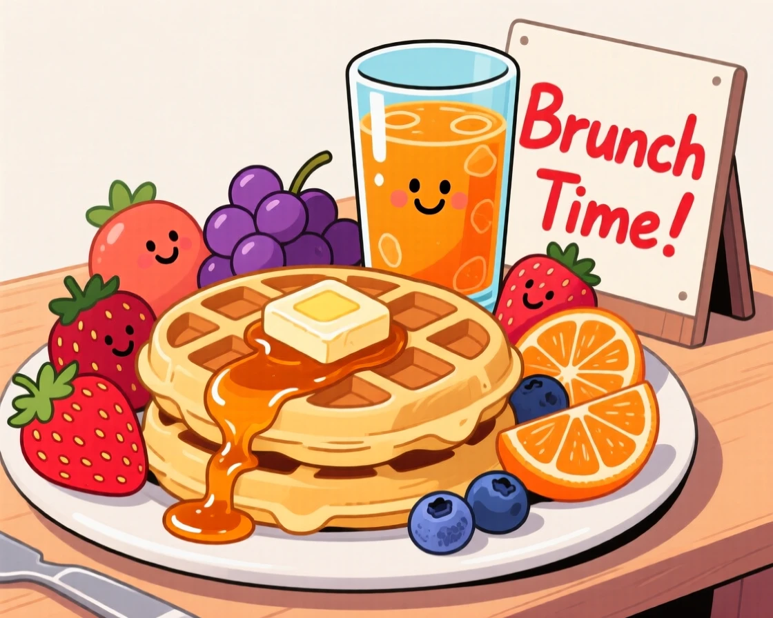 A brunch spread of waffles, fruit, and fresh orange juice.