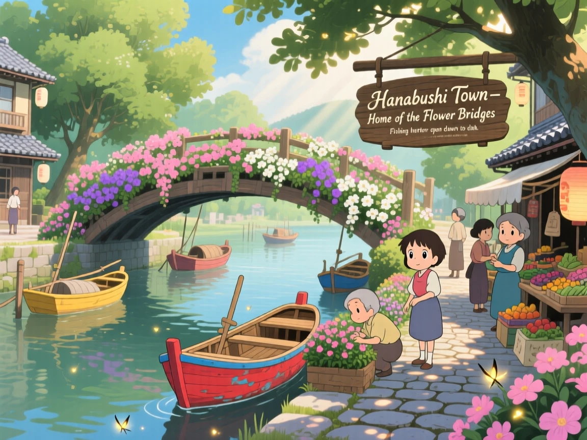 A scenic view of a riverside town famous for its flower-covered bridges, as fishing boats bob gently in the harbor.