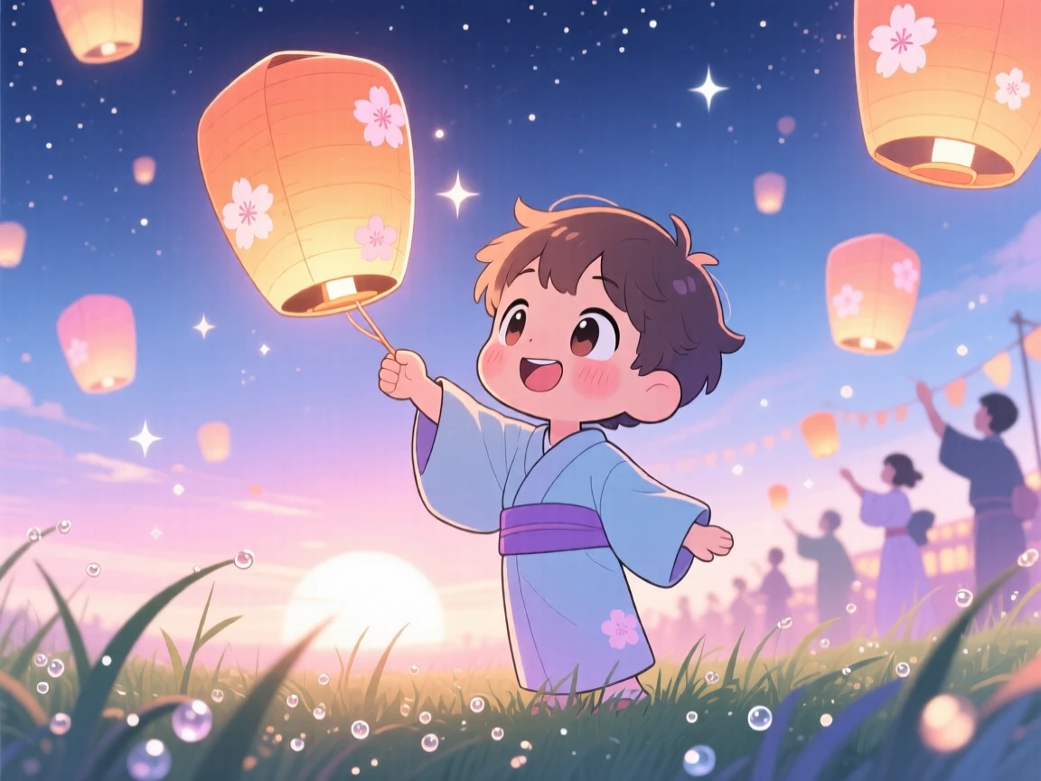 A small boy sending a paper lantern into the night sky, framed as a three-quarter view within a lantern festival celebration, as morning dew glistens on the grass, glowing under soft pastel light of dawn, evoking bubbly enthusiasm.