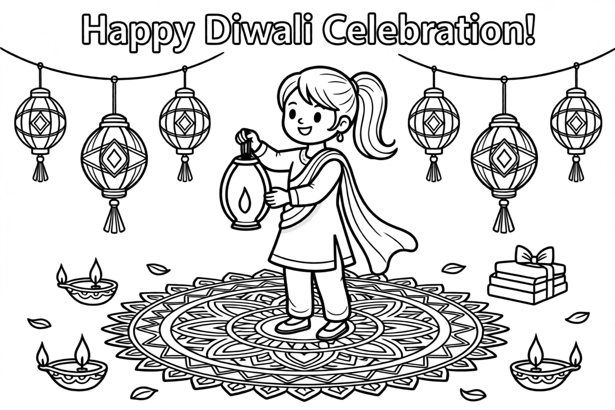 A Diwali celebration with lit lanterns and rangoli patterns