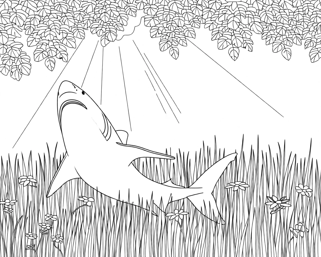 A great white shark standing in tall golden grass at dawn, with sunlight breaking through the canopy above.