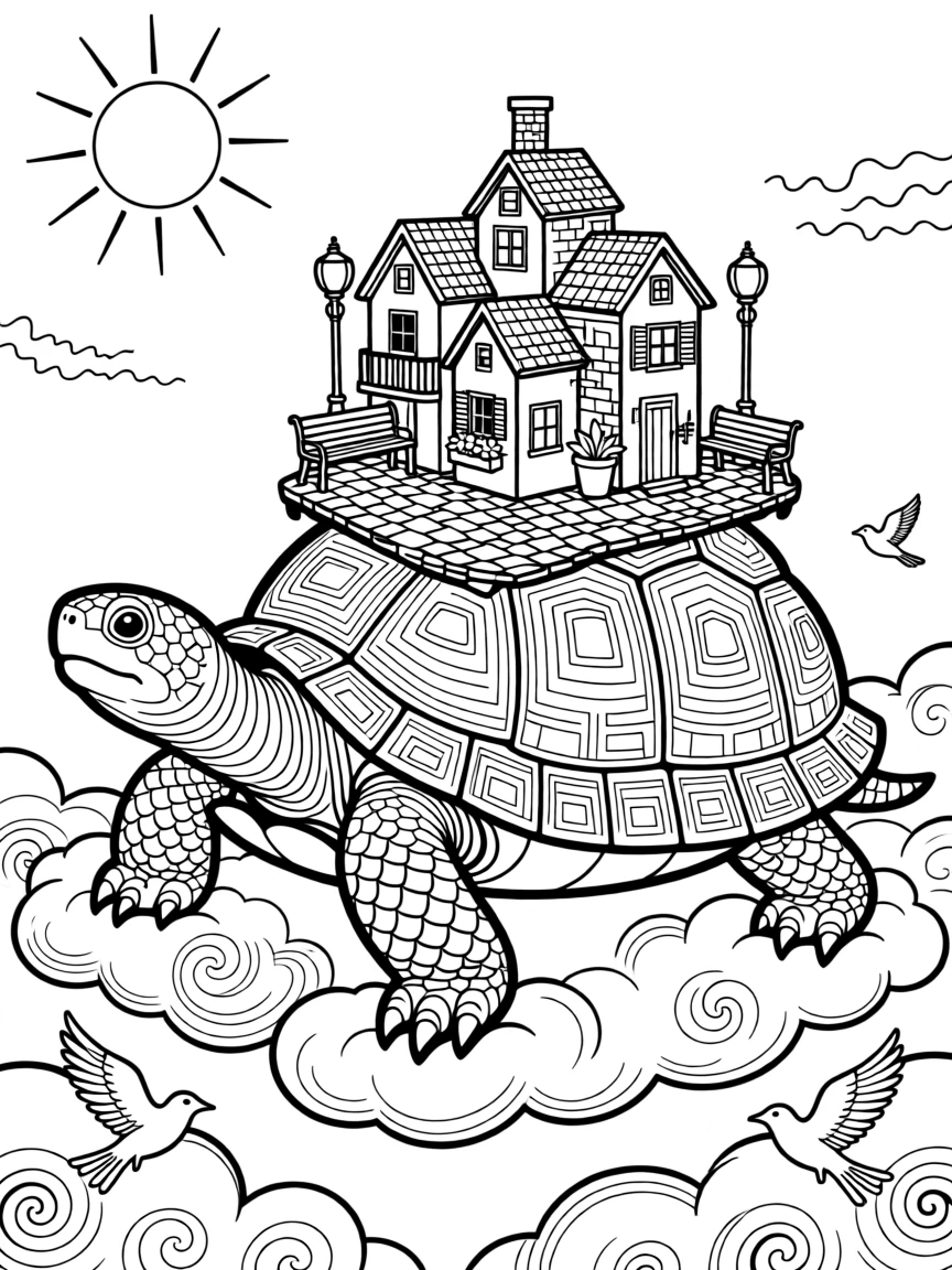 A giant tortoise carrying a tiny floating village on its shell.
