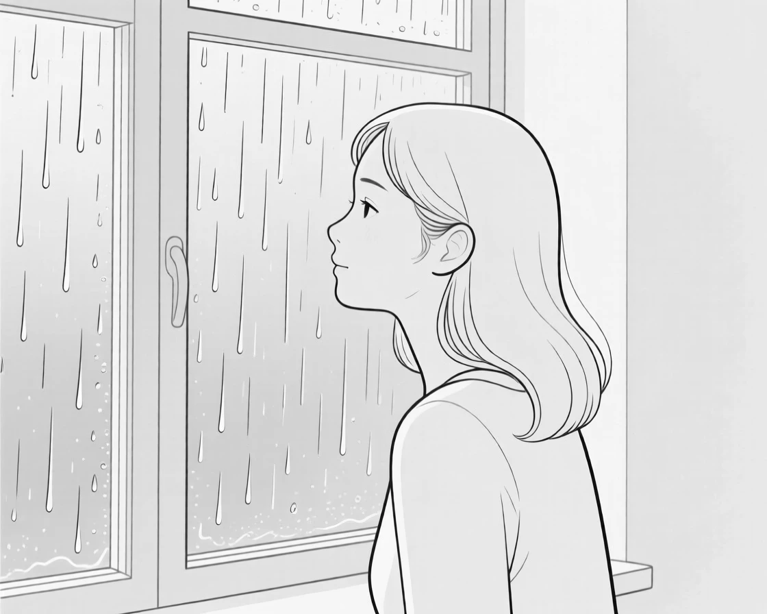 A woman gazing out a rain-streaked window