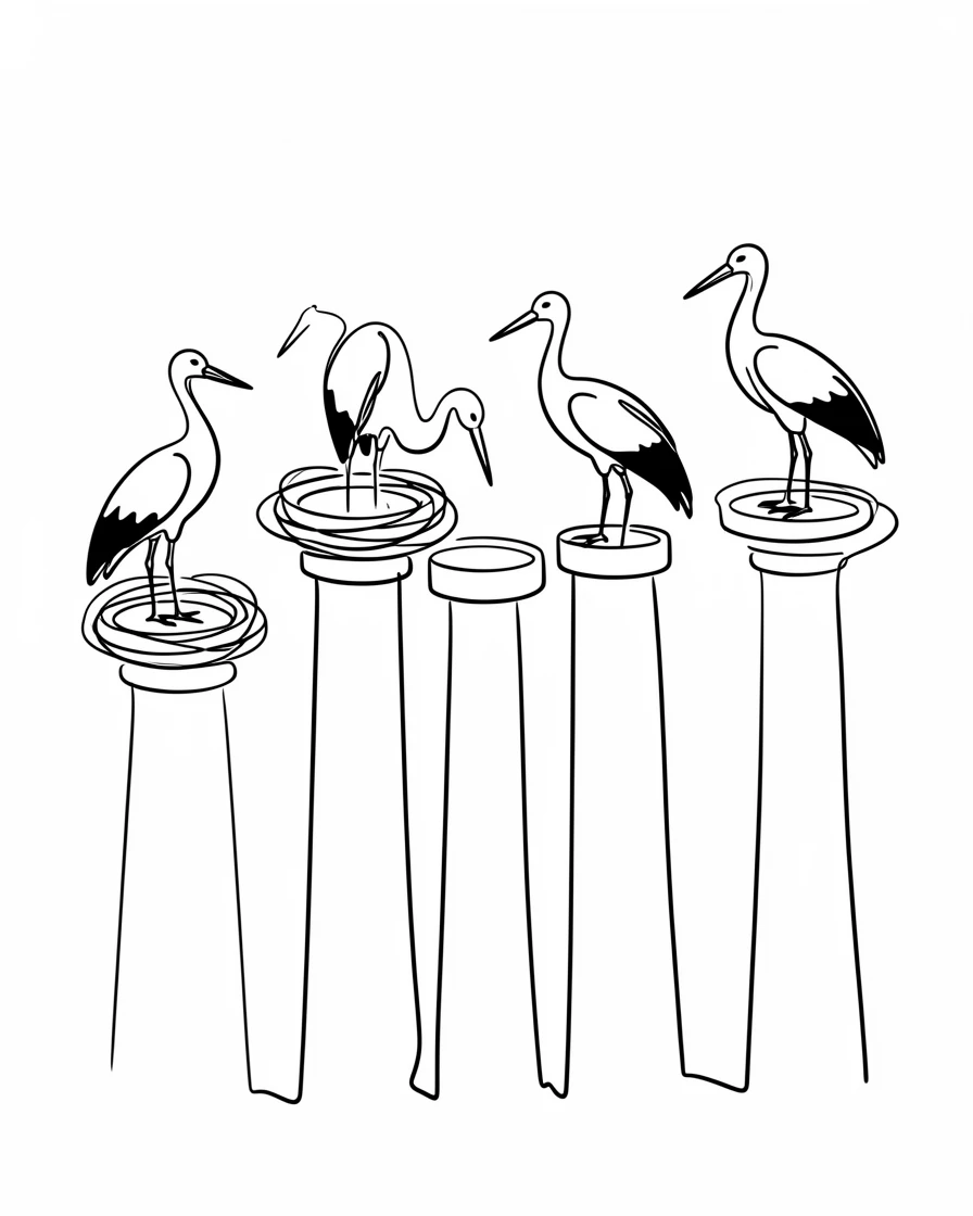 A group of storks nesting atop a row of tall chimney stacks